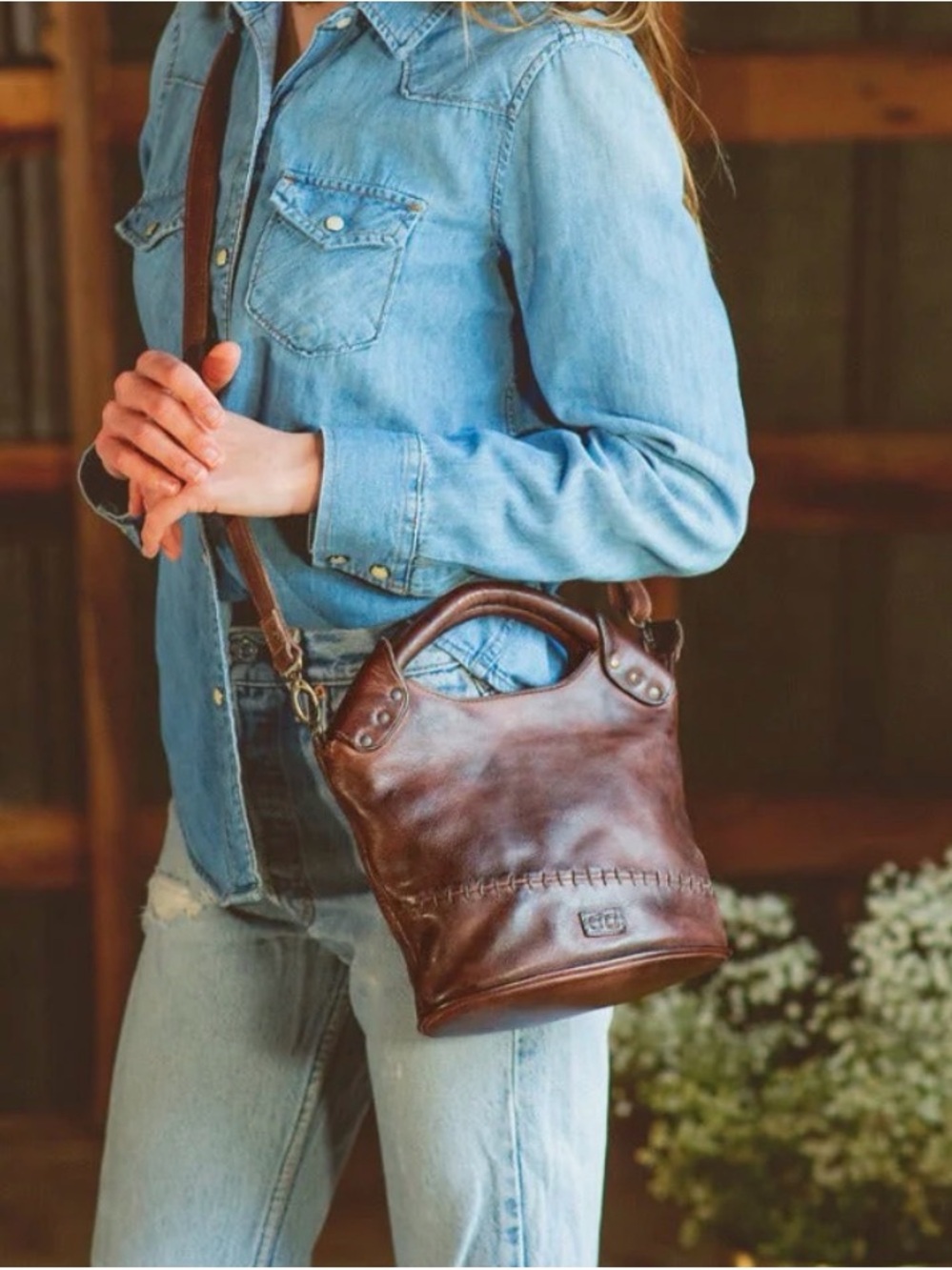 Bed Stu Rustic Brown Leather Crossbody Bucket Bag